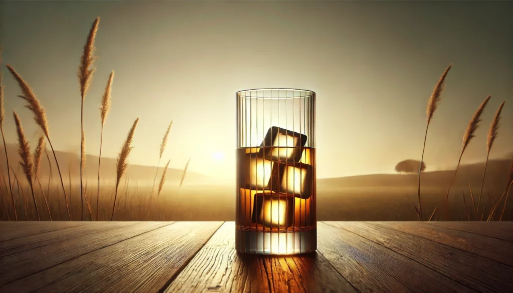 Een highball glas met ijs. Een glas waar whisky uit gedronken kan worden.